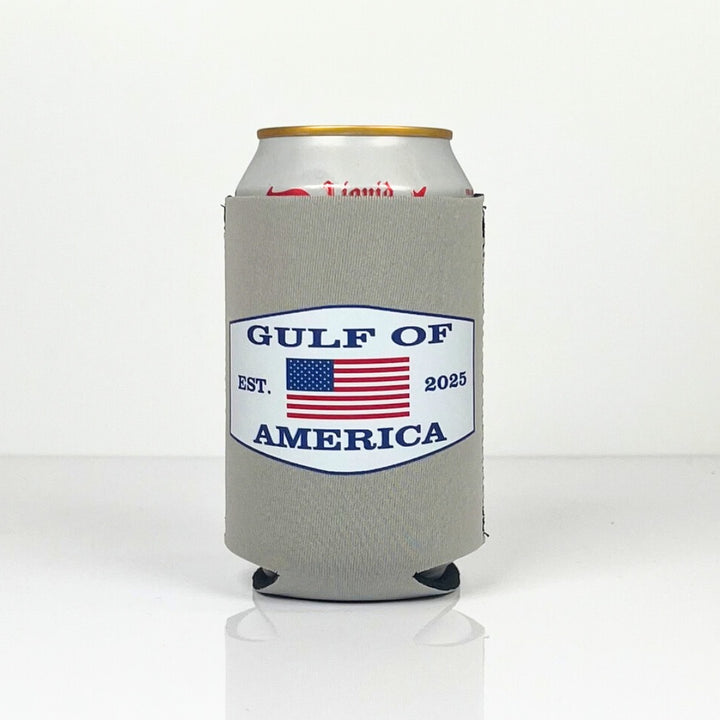 Gulf of America koozie standard can cooler with American flag design on light grey neoprene