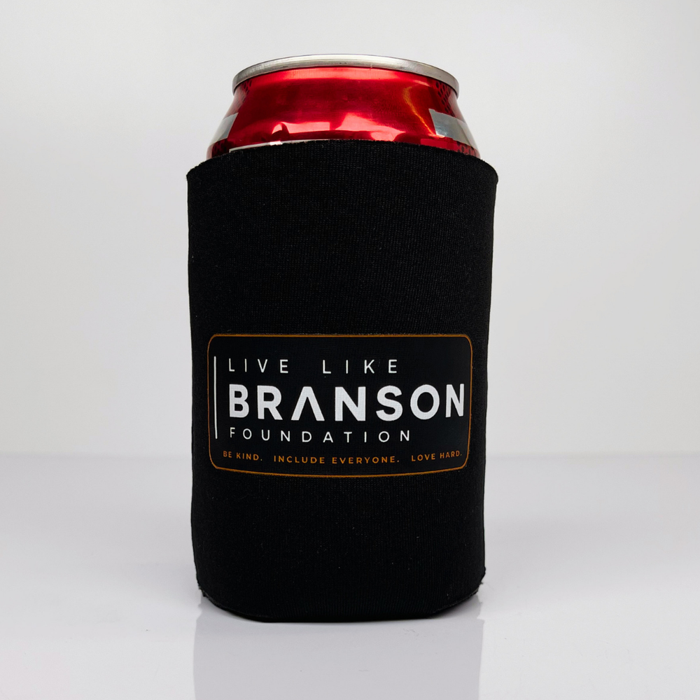 Live Like Branson black foam koozie with foundation tagline design