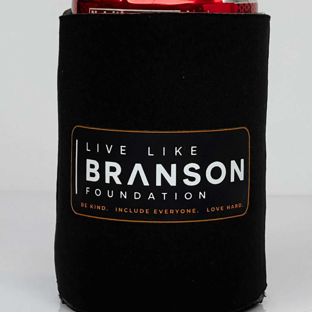 Close-up of Live Like Branson Foundation koozie tagline design