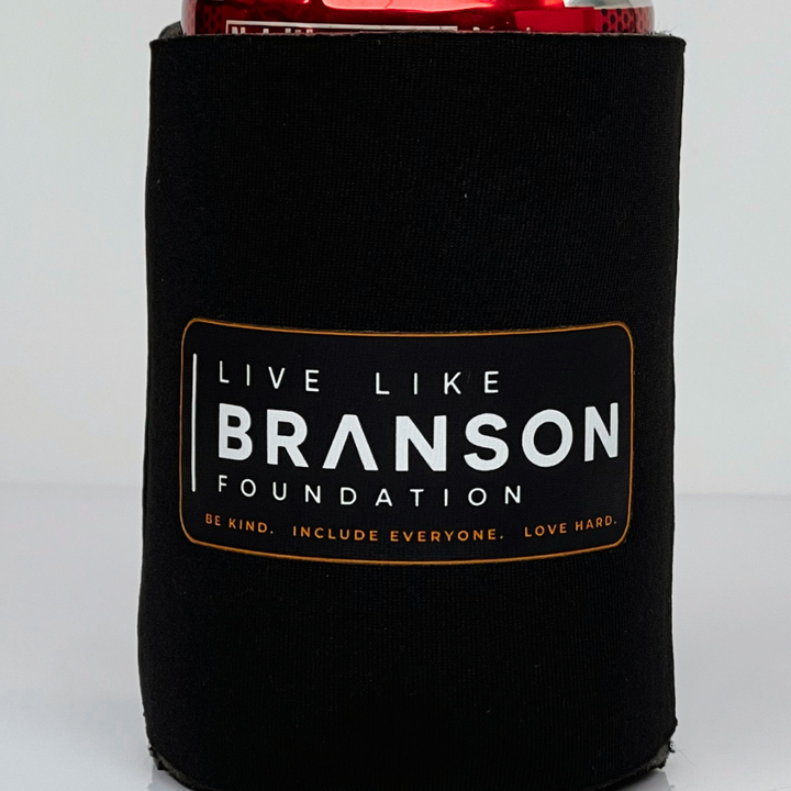 Close-up of Live Like Branson Foundation koozie tagline design