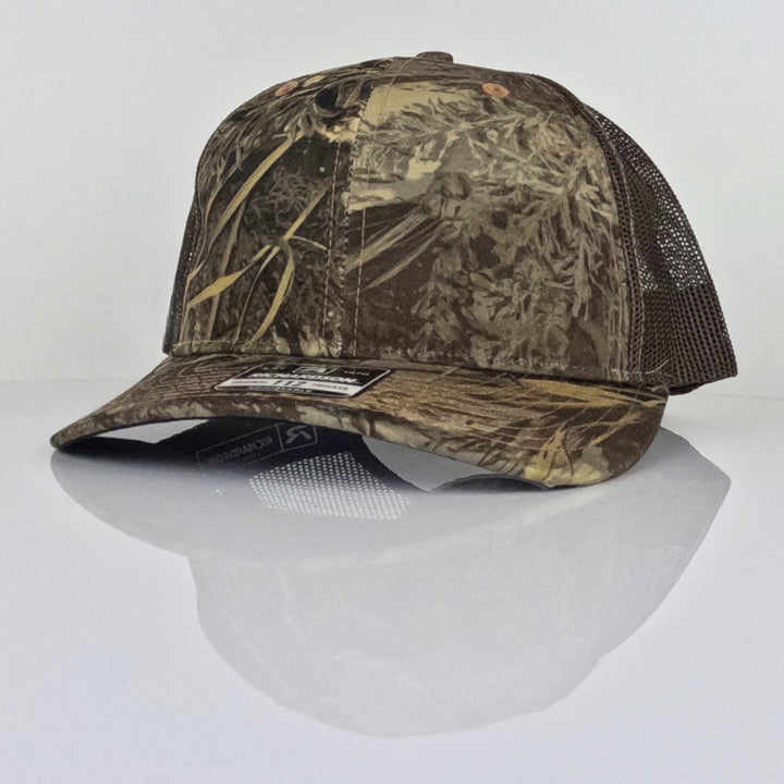 Custom Trucker Hat with Leather Patch or Logo option shown as Realtree Brown Richardson 112
