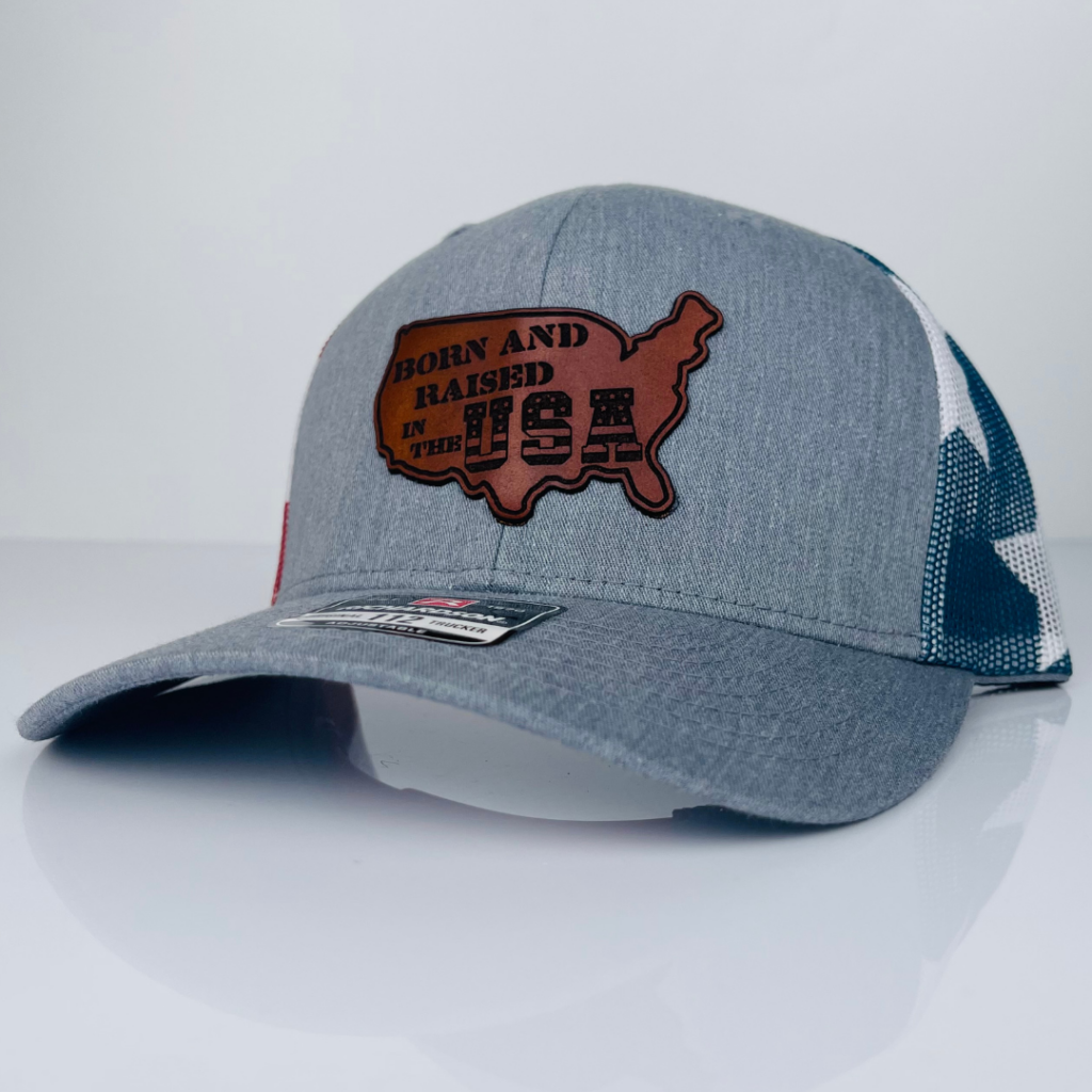 American Pride, Americana Fashion, Born In The USA Hat, Custom Trucker Hat, Leather Patch Hat, Made in USA, National Pride, Patriotic Hat, Red White and Blue, USA Apparel