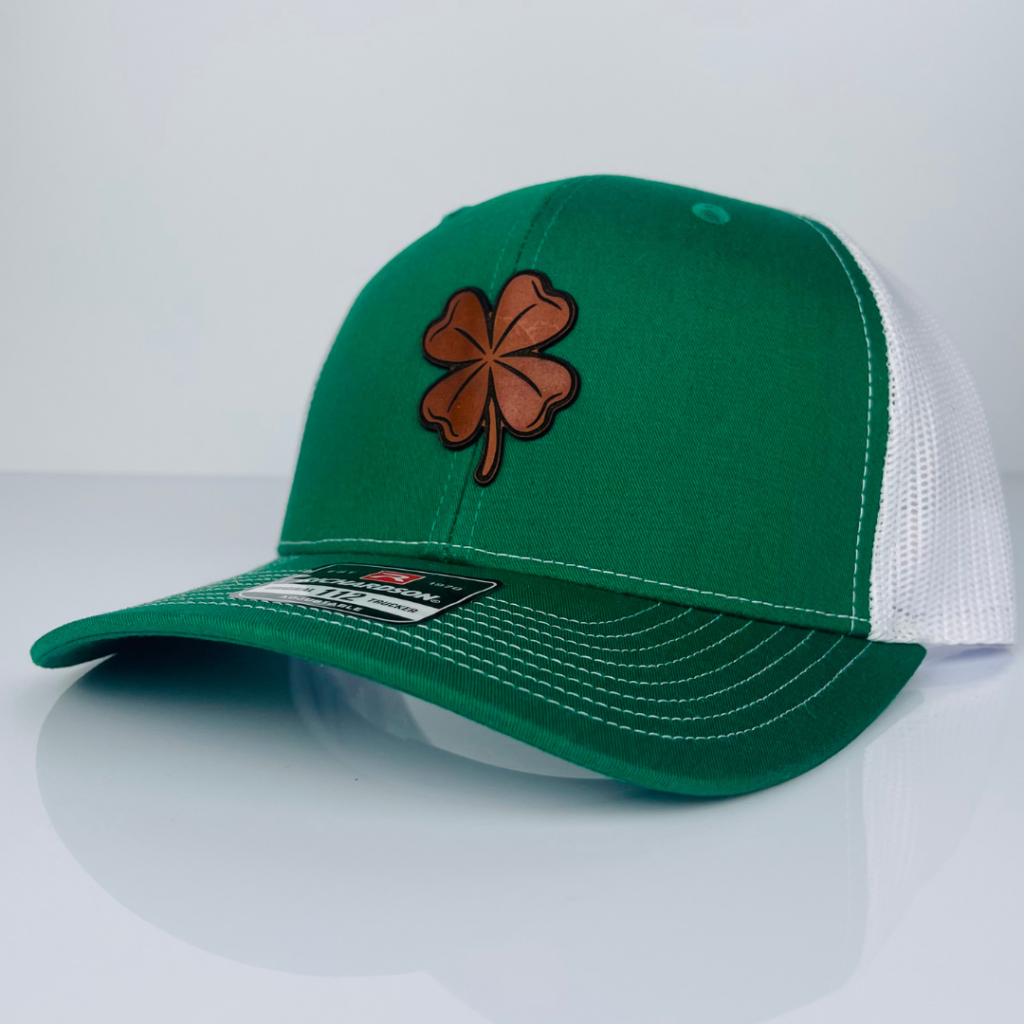 Custom Trucker Hat, Four Leaf Clover Hat, Good Fortune Hat, Irish Charm, Leather Patch Hat, Luck of the Irish, Lucky Hat, Shamrock Hat, St. Patrick's Day Apparel, Unique Headwear