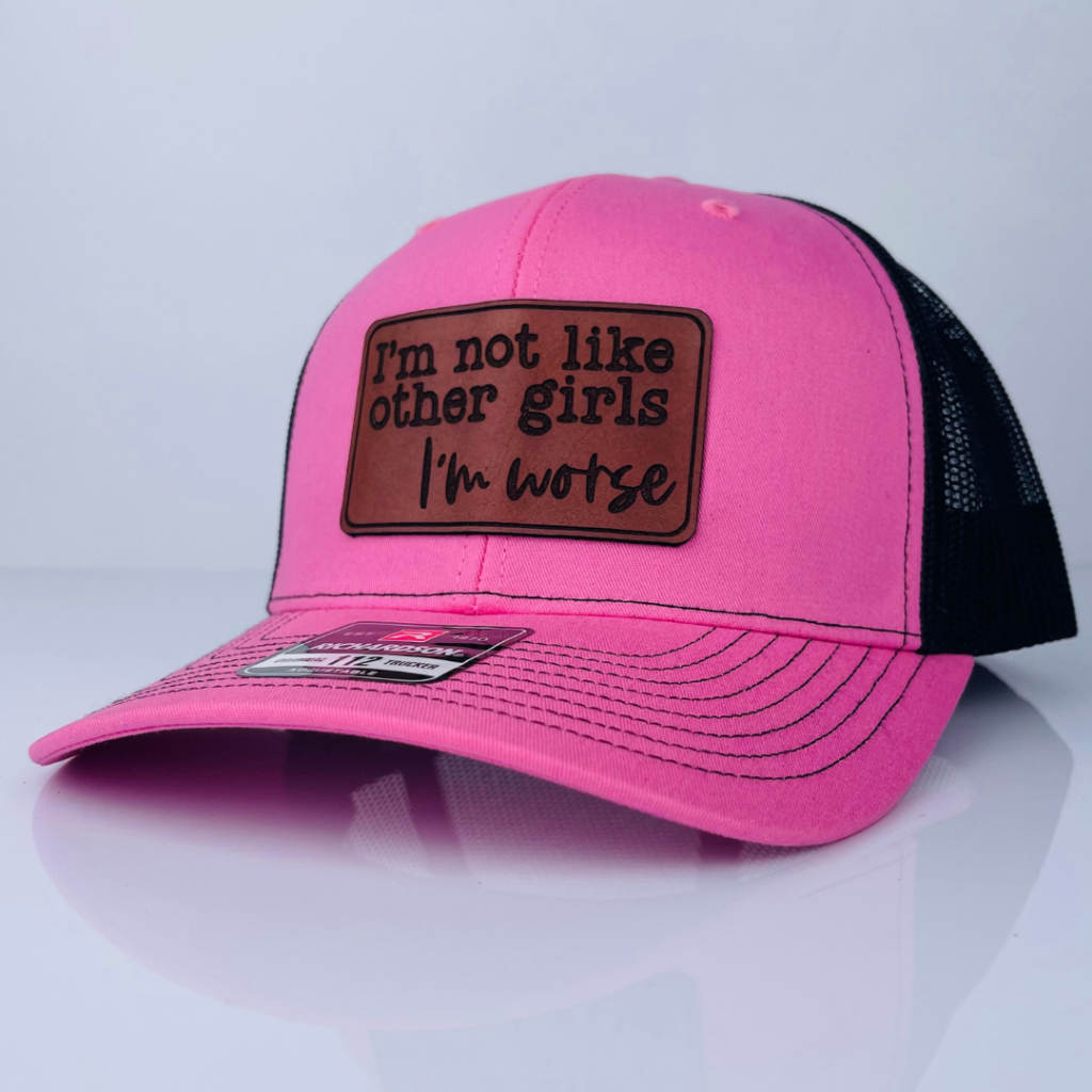 Bold Fashion, Custom Trucker Hat, Distinctive Style Hat, Empowerment Apparel, Feminine Confidence, I'm Not Like The Other Girls Hat, Independent Woman Gear, Leather Patch Hat, Statement Hat, Unique Style Hat