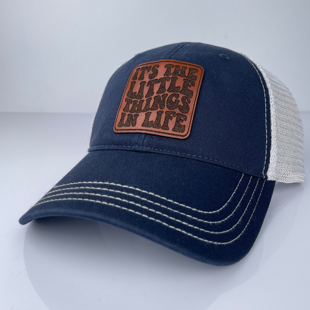 Custom Trucker Hat, Daily Reminder Hat, Inspirational Hat, It's The Little Things Hat, Leather Patch Hat, Mindfulness Gear, Motivational Style, Positive Vibes Apparel, Simple Joys Hat, Uplifting Fashion