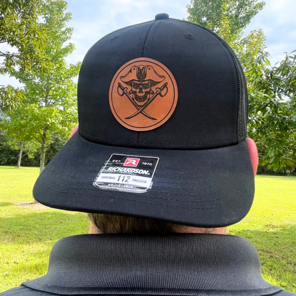 Adventure Hat, Bold Fashion, Captain's Hat, Custom Trucker Hat, Halloween Hat, Leather Patch Hat, Nautical Apparel, Pirate Hat, Pirate Symbol, Skull And Crossbones Captain Hat